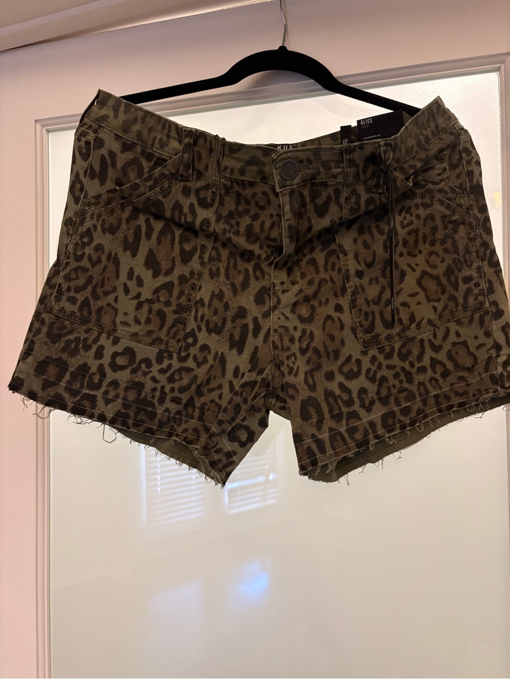 Kut from the Kloth Olive Leopard Print Denim Shorts